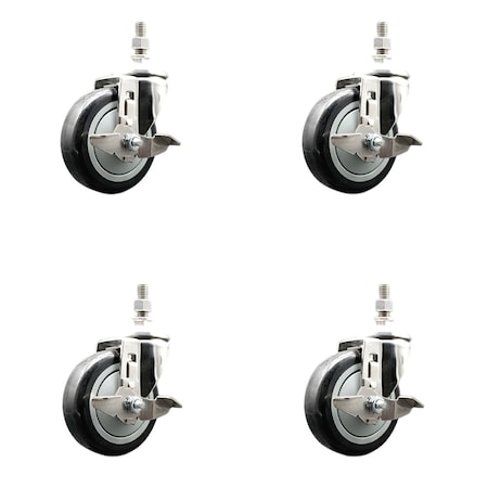 Service Caster 4 Inch 316SS Black Polyurethane Swivel 10mm Threaded Stem Caster Set Brake SS316TS20S414-PPUB-BLK-TLB-M1015-4